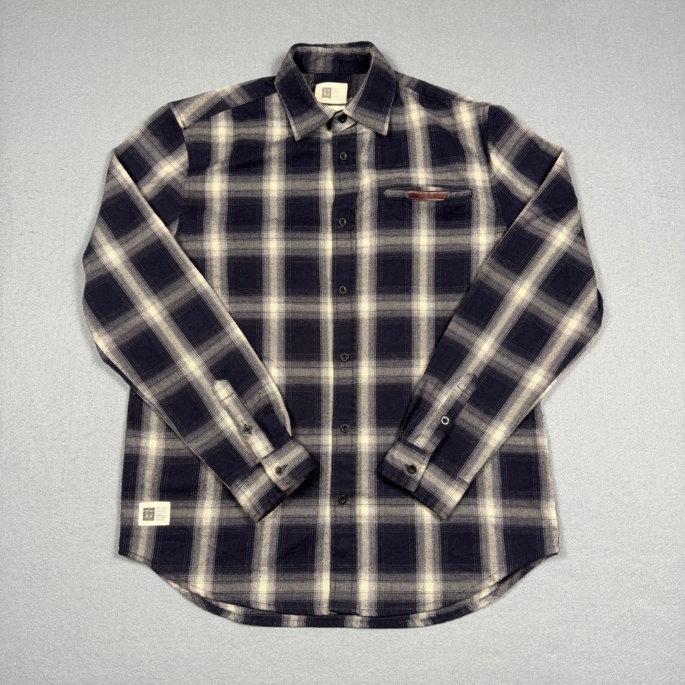 Lira Mens Flannel Shirt Large Navy Blue Plaid Long Sleeve Button Down Casual L